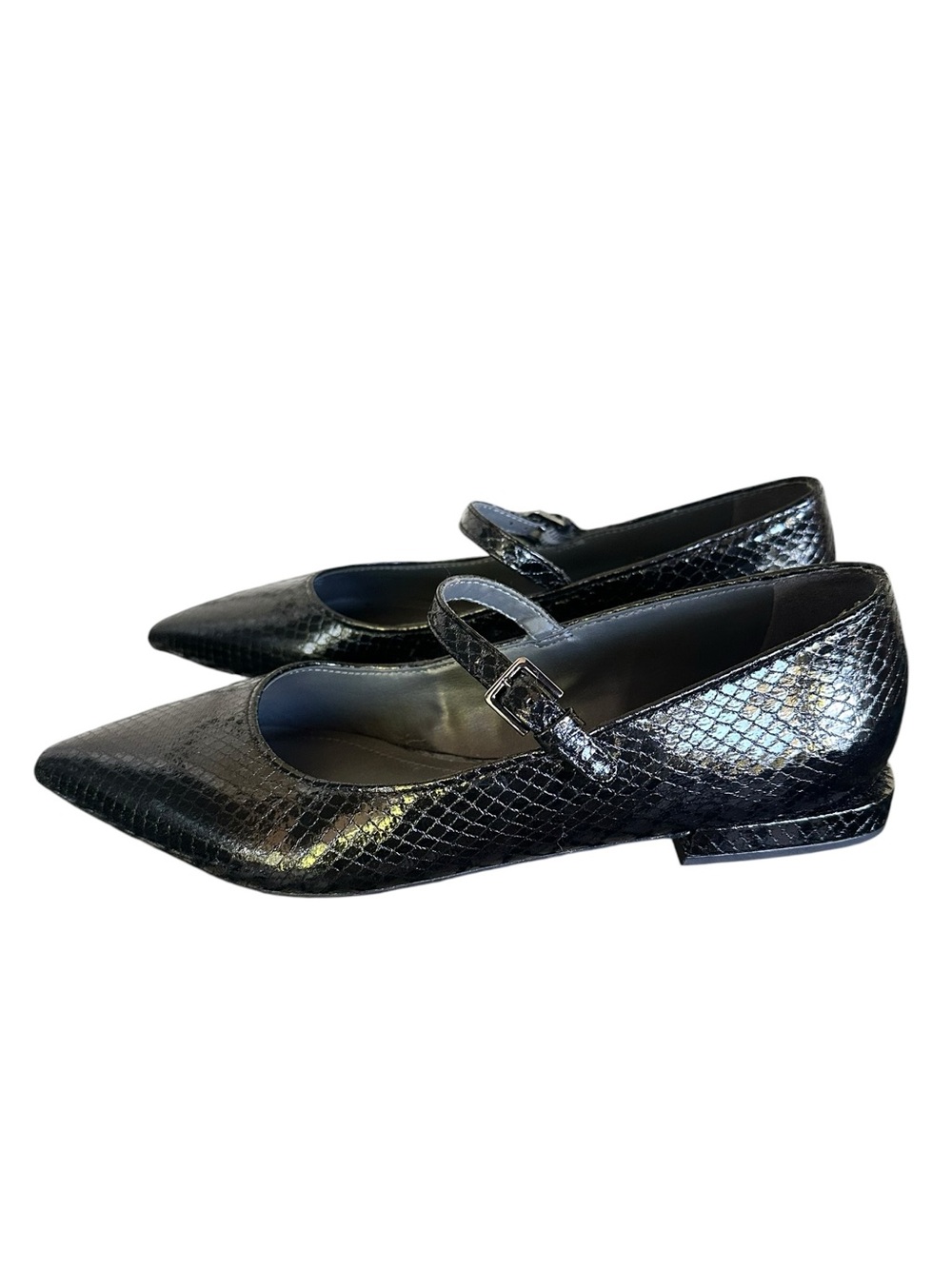 FRANCO SARTO Nalin Black Snakeskin Patent Leather Pointed Toe Mary Jane Flats - Picture 5 of 10